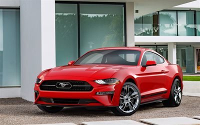 Pacote De P&#244;nei, 2018 carros, 4k, Ford Mustang, supercarros, Mustang vermelho, Ford