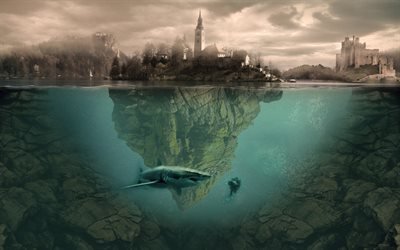bajo el agua, isla, edificios, tibur&#243;n, aqualunger