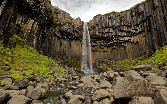 Svartifoss Waterfall, Skaftafell, Black waterfall, Iceland, rocks