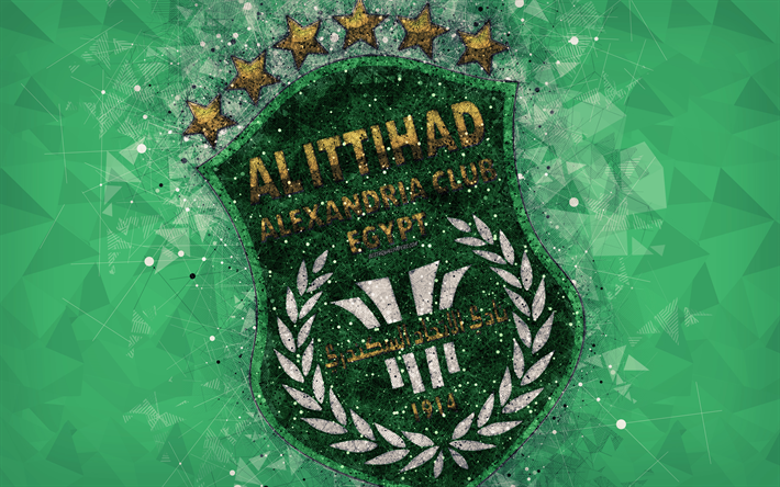Al Ittihad Alessandria Club, 4k, arte geometrica, logo, Egiziano football club, sfondo verde, Egyptian Premier League, Alessandria, Egitto, calcio, arte creativa