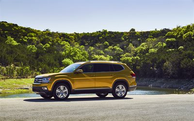 Volkswagen Atlas, 2018, exterior, front view, new yellow Atlas, German cars, Volkswagen