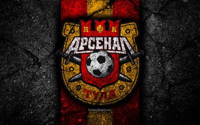 Arsenal Tula FC, 4k, logo, Russian Premier League, black stone, football club, Russia, Arsenal Tula, asphalt texture, soccer, football, FC Arsenal Tula