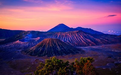 4k, マウントブロモ, 夕日, 火山, 山々, インドネシア, アジア