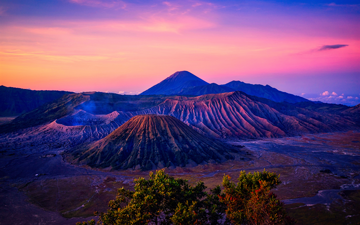 4k, el Monte Bromo, puesta de sol, volcanes, monta&#241;as, Indonesia, Asia