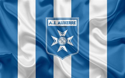 O AJ Auxerre, 4k, textura de seda, logo, branca de seda azul da bandeira, Clube de futebol franc&#234;s, emblema, Liga 2, O Auxerre, Fran&#231;a, futebol, Auxerre FC