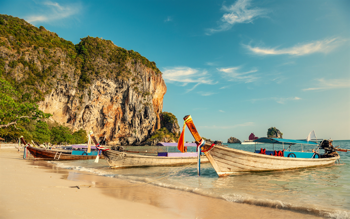 Thailand, sunset, ocean, beach, coast, tropical island, evening, boat
