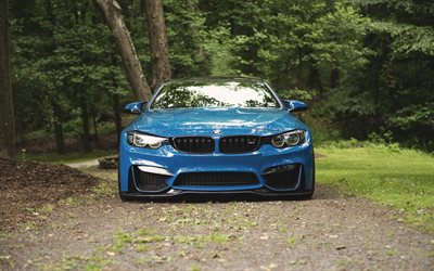 BMW M4, 2018, F83, front view, blue sedan, tuning M4, German cars, new blue M4, BMW
