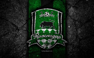 O FC Krasnodar, 4k, logo, Russian Premier League, pedra preta, clube de futebol, R&#250;ssia, Krasnodar, a textura do asfalto, futebol