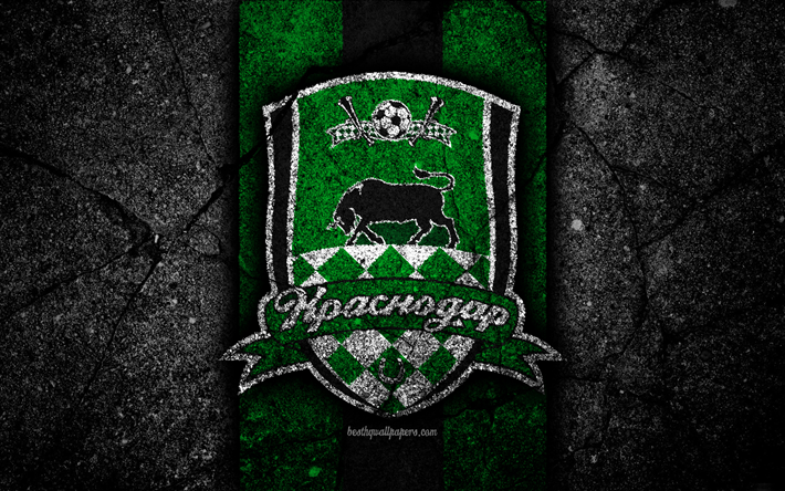 Krasnodar FC, 4k, logotipo, Russian Premier League, piedra negra, club de f&#250;tbol, Rusia, Krasnodar, el asfalto de la textura, de f&#250;tbol, el FC Krasnodar