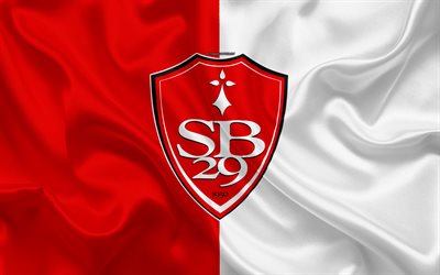 Stade Brestois 29, Brest FC, 4k, silk texture, logo, red white silk flag, French football club, emblem, Ligue 2, Brest, France, football