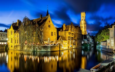 Brugge, noite, luzes da cidade, capela, paisagem urbana, B&#233;lgica