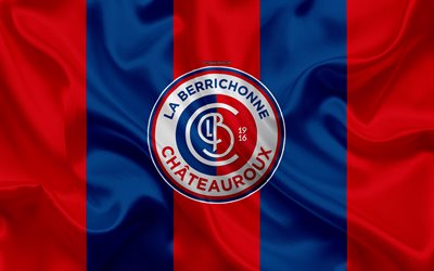 Chateauroux FC, La Berrichonne de Chateauroux, 4k, textura de seda, logotipo, rojo de seda azul de la bandera, franc&#233;s club de f&#250;tbol, el emblema, la Ligue 2, Chateauroux, Francia, f&#250;tbol