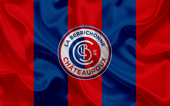 Chateauroux FC, La Berrichonne de Chateauroux, 4k, silk texture, logo, red blue silk flag, French football club, emblem, Ligue 2, Chateauroux, France, football