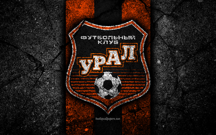 Ural FC, 4k, logo, Russian Premier League, black stone, football club, Russia, Ural, asphalt texture, soccer, football, FC Ural