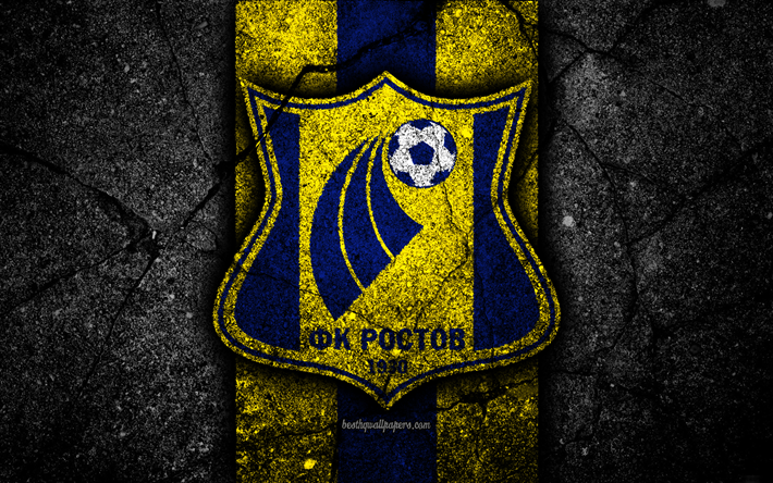 FC Rostov, 4k, logo, Russian Premier League, pedra preta, clube de futebol, R&#250;ssia, Rostov, a textura do asfalto, futebol