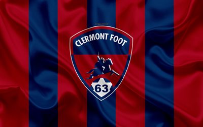Clermont Foot 63, 4k, silk texture, logo, burgundy blue silk flag, French football club, emblem, Ligue 2, Clermont-Ferrand, France, football, Clermont FC