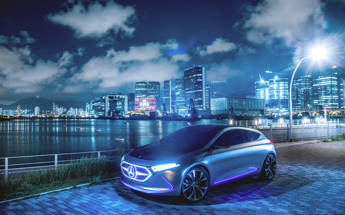 4k, Mercedes-Benz Concepto de EQA, 2019 coches, paisaje nocturno, Mercedes