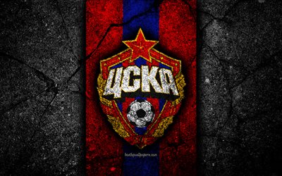 CSKA Moscow FC, 4k, logo, Russian Premier League, black stone, football club, Russia, CSKA Moscow, asphalt texture, soccer, football, FC CSKA Moscow