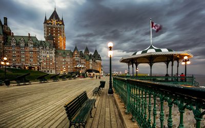 Chateau Frontenac, Quebec, Canadian flag, evening, cityscape, Lawrence River, Canada, North America