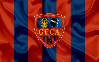 GFC Ajaccio, 4k, siden konsistens, logotyp, r&#246;d bl&#229; silk flag, Franska fotbollsklubben, emblem, League 2, Ajaccio, Frankrike, fotboll, Gazelec Ajaccio