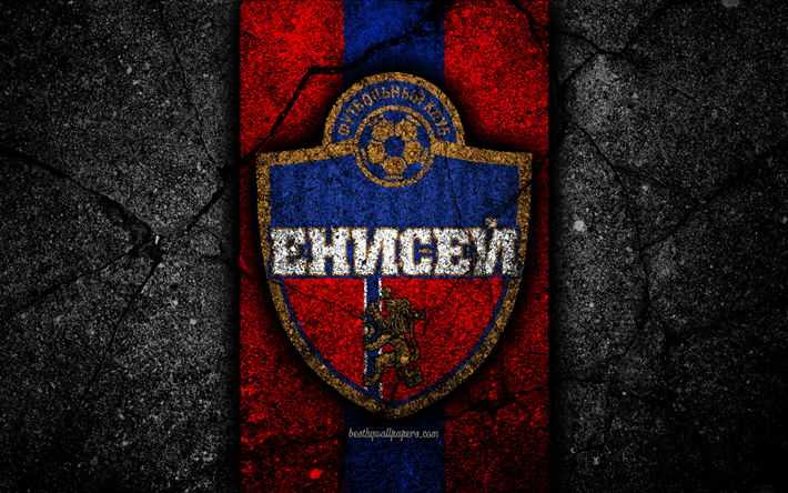 Jenisej FC, 4k, logo, Premier League russa, nero, pietra, club di calcio, Russia, Jenisej, asfalto texture, calcio, FC Jenisej