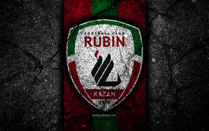 O FC Rubin Kazan, 4k, logo, Russian Premier League, pedra preta, clube de futebol, R&#250;ssia, O Rubin Kazan, a textura do asfalto, futebol