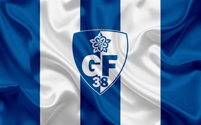 Grenoble Foot 38, FC Grenoble, 4k, silk texture, logo, white silk flag, French football club, emblem, Ligue 2, Grenoble, France, football