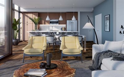 living room, stylish interior, kitchen, dining room, stylish armchairs, modern interior design