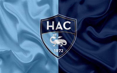 Le Havre AC, 4k, silk texture, logo, blue silk flag, French football club, emblem, Ligue 2, Le Havre, France, football, Le Havre FC