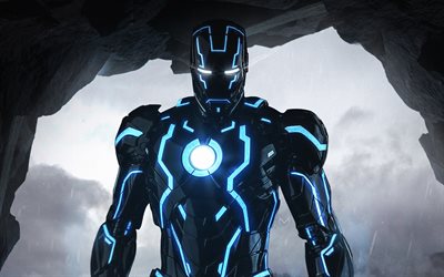 4k, Iron Man, black suit, superheroes, neon, DC Comics, IronMan