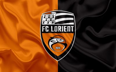 FC Lorient, 4k, silk texture, logo, orange black silk flag, French football club, emblem, Ligue 2, Lorient, France, football
