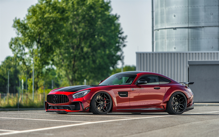 Mercedes-Benz GT S AMG, 2018, Prior Design, side view, red supercar, tuning GT S, red sports coupe, aerodynamic body kit, PD700GTR, Mercedes