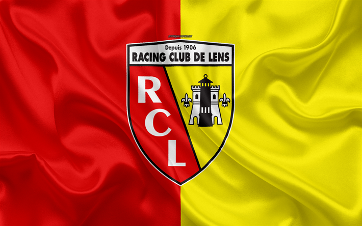 RC Lens, 4k, seta, trama, logo, rosso, giallo seta bandiera, francese football club, emblema, Ligue 2, la Lancia, la Francia, il calcio, l&#39;Obiettivo FC