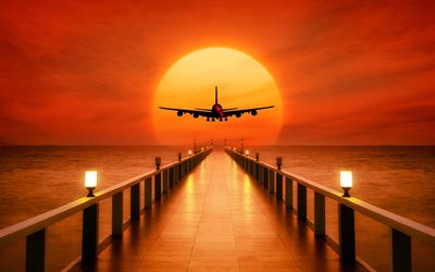 flygplan, sunset, tropiska &#246;n, ocean, flygresor begrepp, orange sky