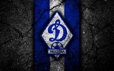 Dynamo Moscow FC, 4k, logo, Russian Premier League, black stone, football club, Russia, Dynamo Moscow, asphalt texture, soccer, football, FC Dynamo Moscow