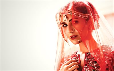 Nimrat Kaur, attrice Indiana, Bollywood, verticale, tradizionale abito Indiano, saree, velo, bella donna, India