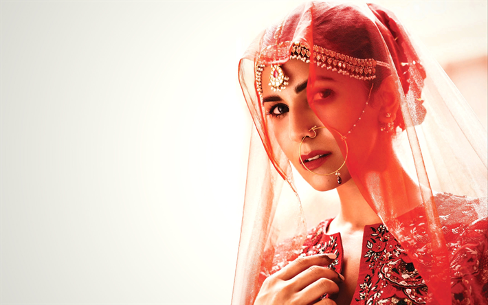 Nimrat Kaur, Indian actress, Bollywood, portrait, traditional Indian dress, saree, veil, beautiful woman, India