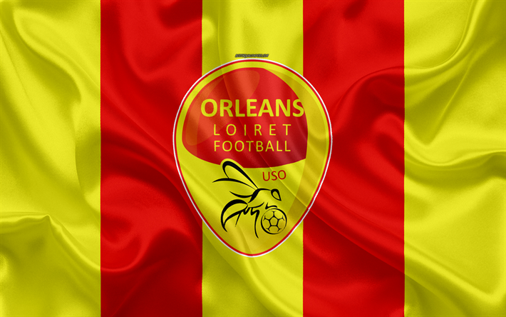 Orleans FC, 4k, siden konsistens, logotyp, r&#246;d gul silk flag, Franska fotbollsklubben, emblem, League 2, Orleans, Frankrike, fotboll, OSS Orleans