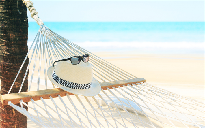beach, palm trees, hammock, tropical island, beach hat, summer travel concepts, relaxation