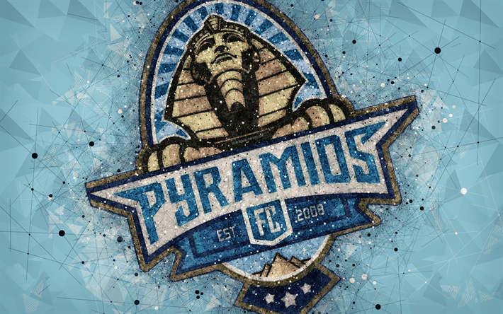 Piramitler FC, 4k, geometrik sanat, logo, Mısır Futbol Kul&#252;b&#252;, mavi arka plan, Mısır Premier Lig, Beni Suef, Mısır, futbol, yaratıcı sanat