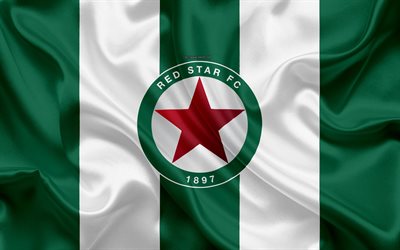 Red Star FC, 4k, silkki tekstuuri, logo, vihre&#228;-valkoinen silkki lippu, Ranskan football club, tunnus, League 2, Pariisi, Ranska, jalkapallo
