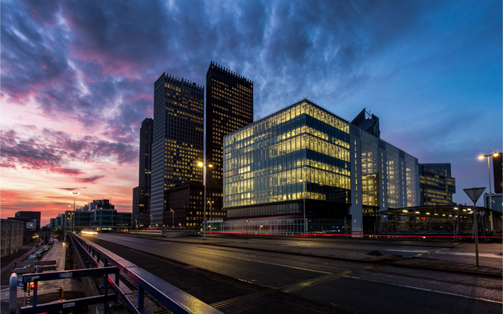 Haag, kv&#228;ll, skyskrapor, moderna byggnader, Nederl&#228;nderna, Holland