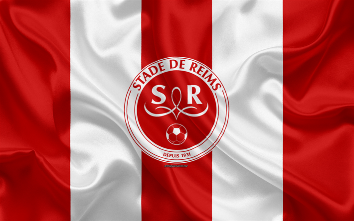 Stade de Reims, 4k, silk texture, logo, red white silk flag, French football club, emblem, Ligue 1, Reims, France, football, Reims FC