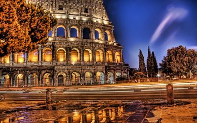 Rom, Colosseum, natt, Flaviska Amfiteatern, HDR, italienska landm&#228;rken, Italien, Europa