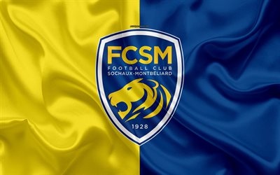FC Sochaux-Montbeliard, 4k, silk texture, logo, yellow blue silk flag, French football club, emblem, Ligue 2, Montbeliard, France, football, Sochaux FC