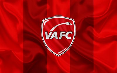 Valenciennes FC, 4k, silk texture, logo, red silk flag, French football club, emblem, Ligue 2, Valenciennes, France, football