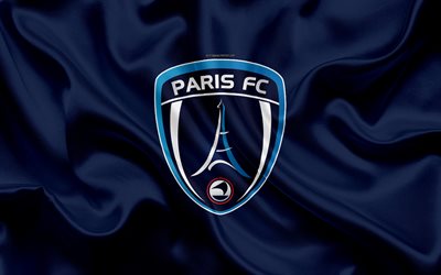 Paris FC, 4k, silk texture, logo, blue silk flag, French football club, emblem, Ligue 2, Paris, France, football