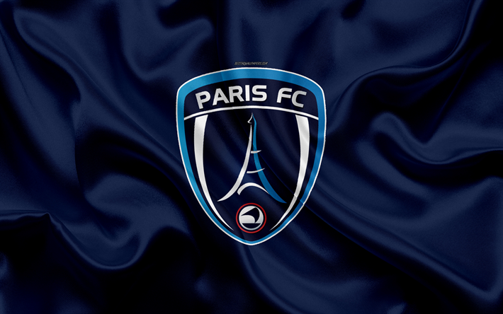 Paris FC, 4k, siden konsistens, logotyp, bl&#229; silk flag, Franska fotbollsklubben, emblem, League 2, Paris, Frankrike, fotboll