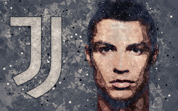Cristiano Ronaldo, Juventus FC, 4k, geometric art, face, Italy, Serie A, creative art, Portuguese footballer, new Juventus logo, football