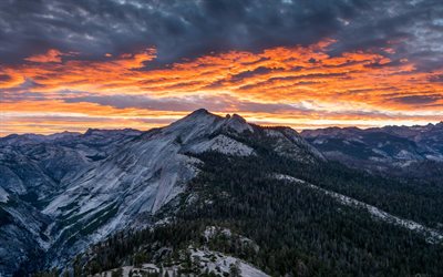 mountain landscape, Sierra Nevada, sunset, mountains, evening, forest, Yosemite National Park, California, USA